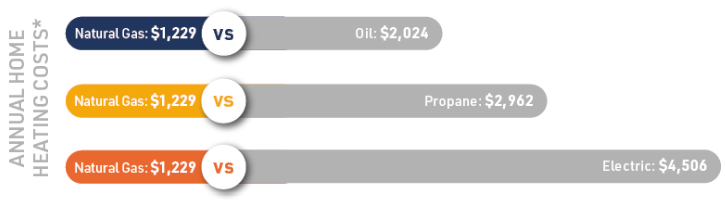 Savings examples of Naturals gas over Oil, Propane or Electric